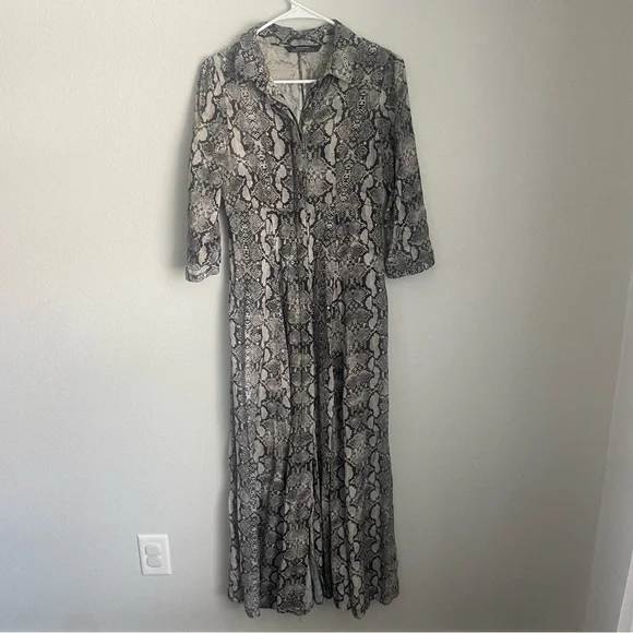 Zara Snake Print Maxi Shirt Dress Black Gray Animal Print Women’s XS - Picture 2 of 14